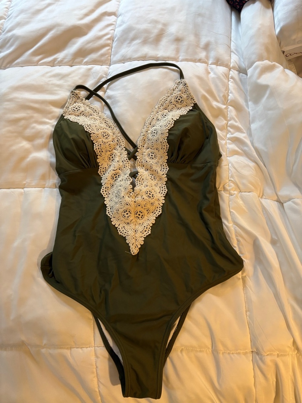 Olive Green One-Piece Swimsuit with Cream Lace Trim
